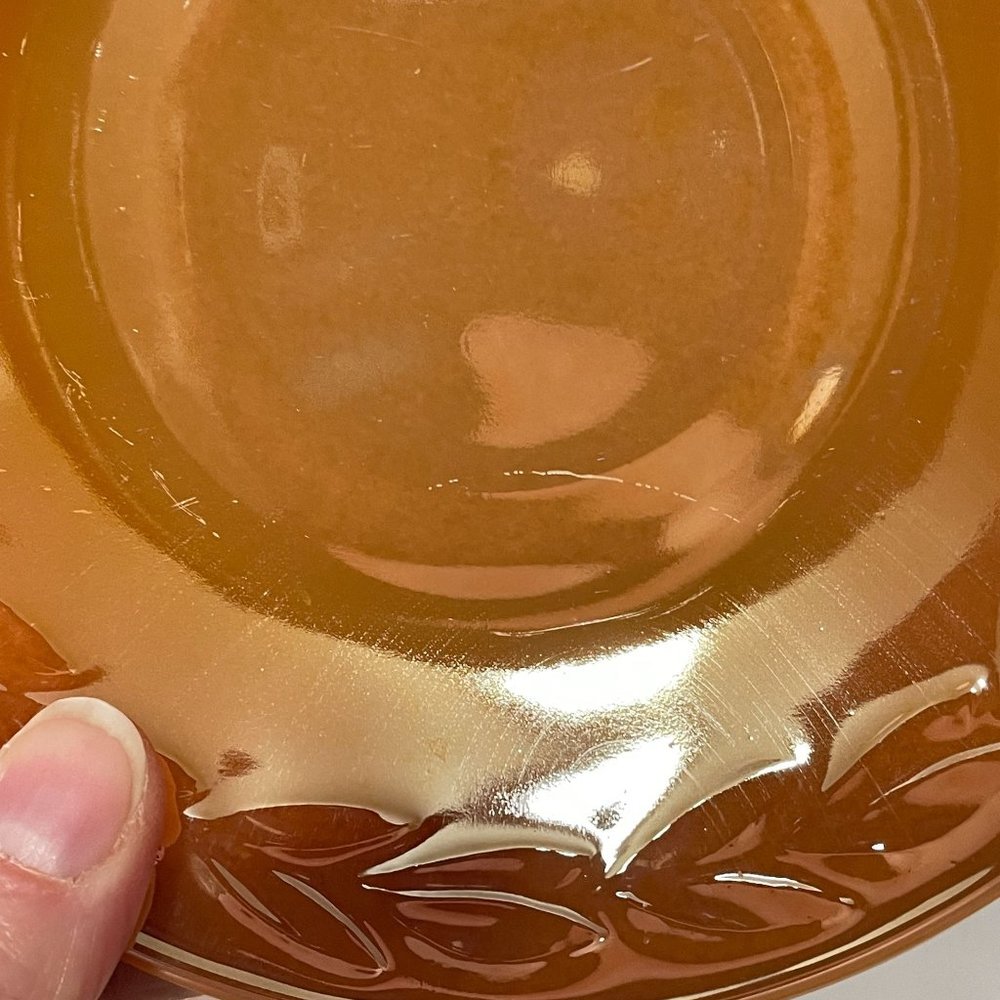 Vintage Fire King Peach Lustre Laurel Leaf Iridescent Cups and Saucers Set of 5 - Picture 10 of 16